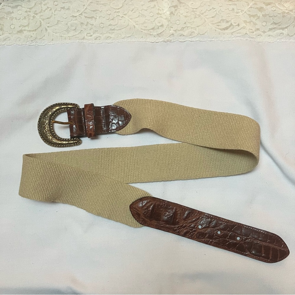 Brooks Brothers Women’s Brown Belt Sz. L Wide Canvas & Leather Old Money Preppy